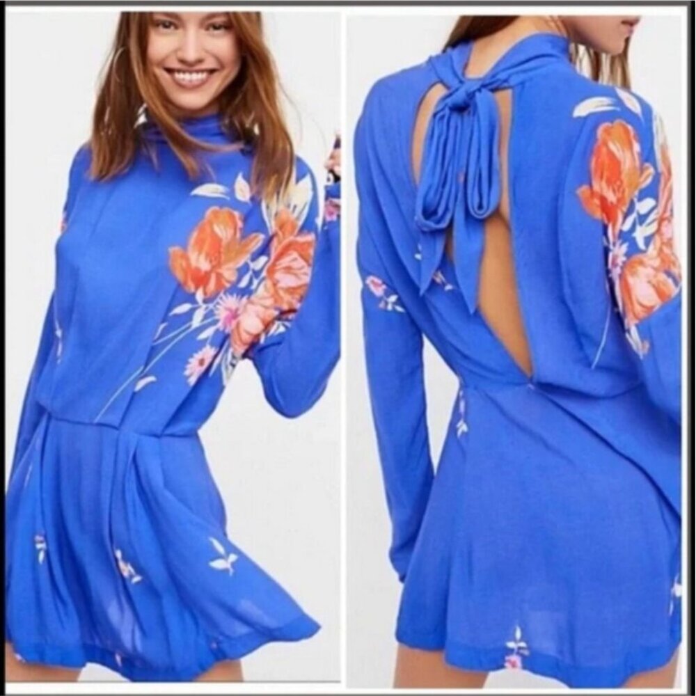 Free People Royal Blue Floral Long Sleeve Mini Dress With Open Back Bow Tie Deta